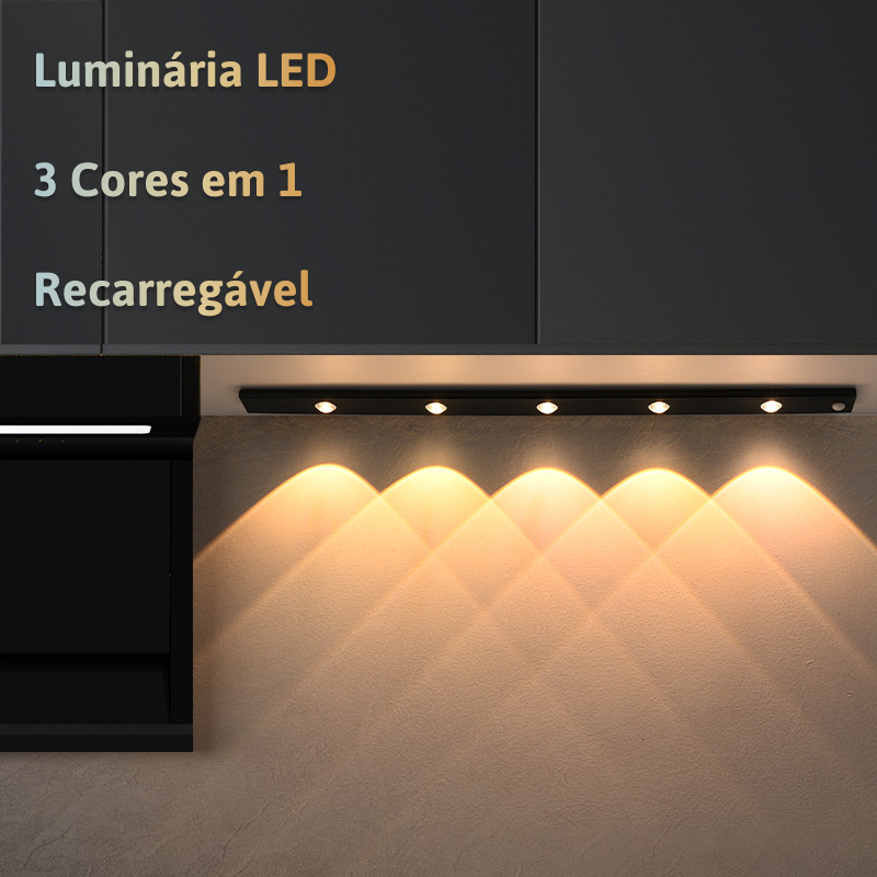 Luminária 3 Cores LED Sensor De Movimento Luz Recarregável USB Cozinha Armário Roupeiro